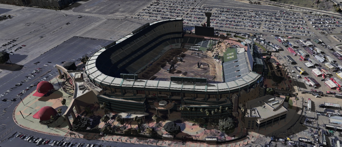 Angel Stadium 3D shade map showing shaded seats and sun position