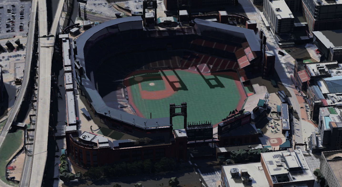 Busch Stadium 3D shade map showing shaded seats and sun position
