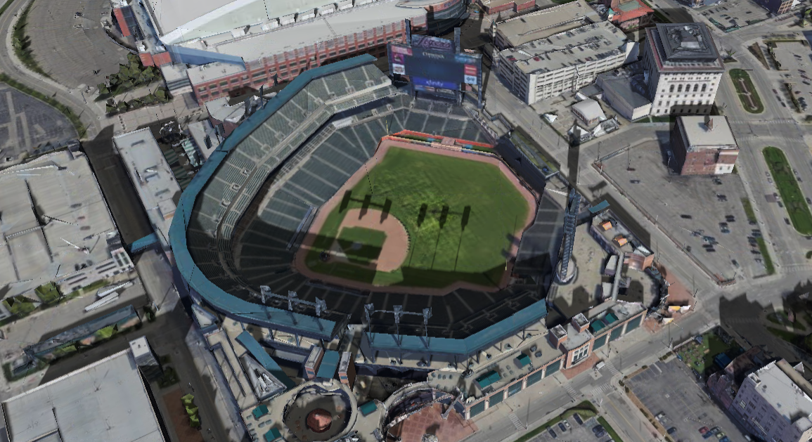 Comerica Park 3D shade map showing shaded seats and sun position