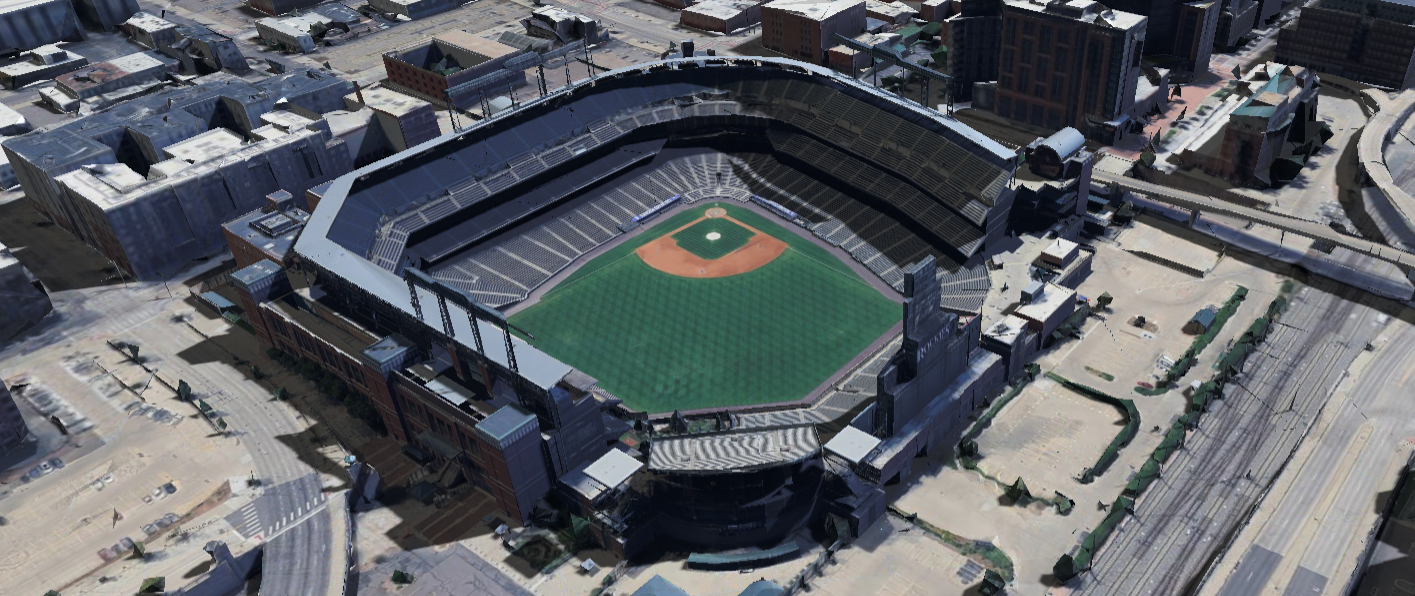 Coors Field 3D shade map showing shaded seats and sun position