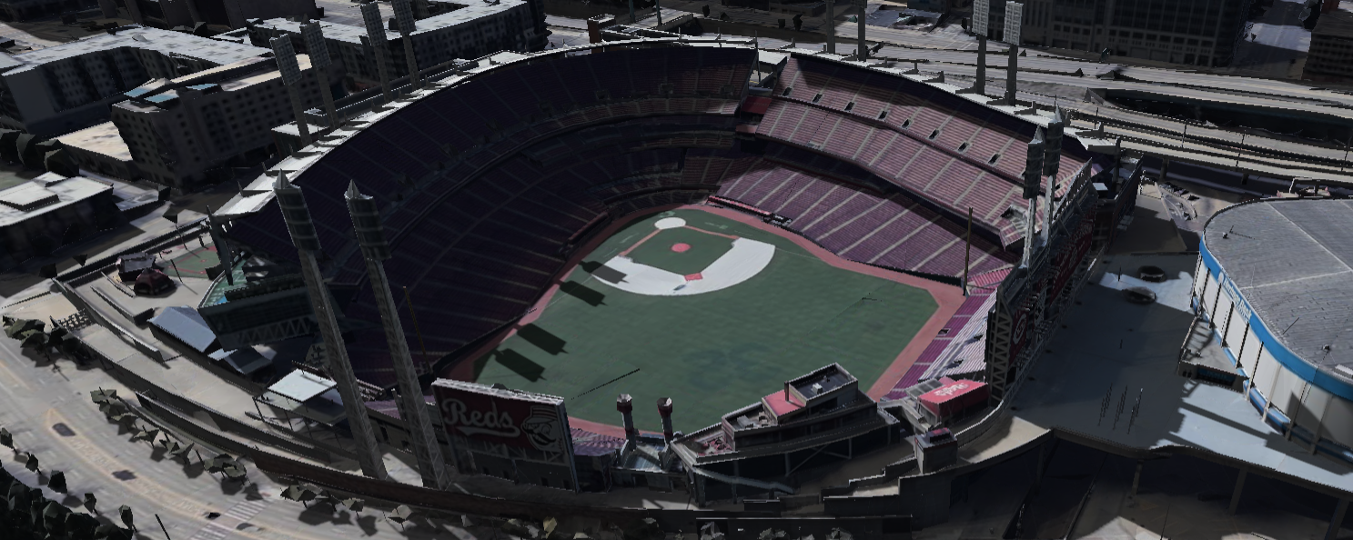 Great American Ball Park 3D shade map showing shaded seats and sun position
