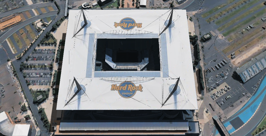Hard Rock Stadium 3D shade map showing shaded seats and sun position