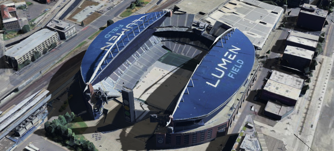 Lumen Field 3D shade map showing shaded seats and sun position