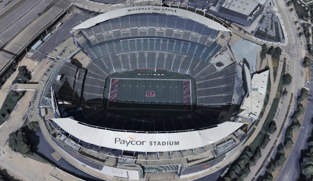 Paycor Stadium 3D shade map showing shaded seats and sun position