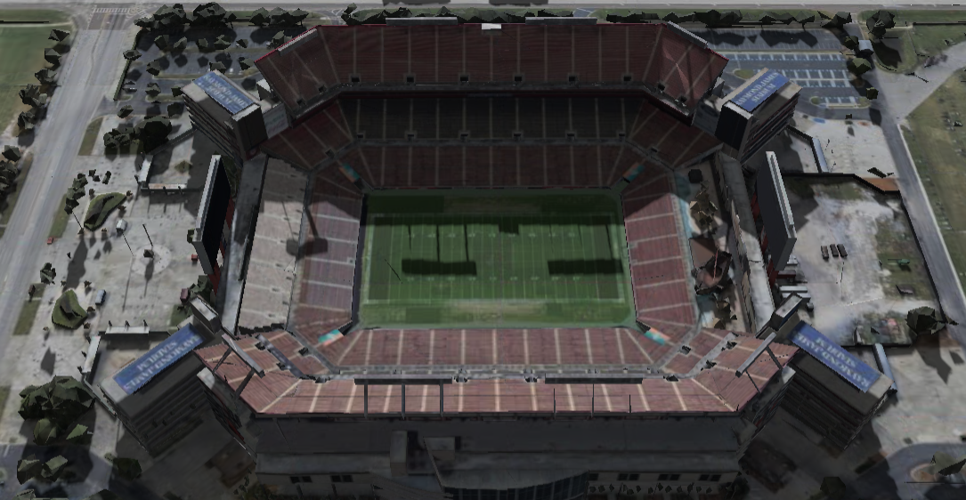 Raymond James Stadium 3D shade map showing shaded seats and sun position