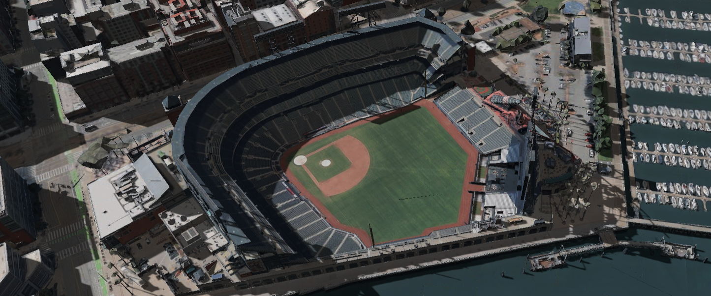 Oracle Park 3D shade map showing shaded seats and sun position