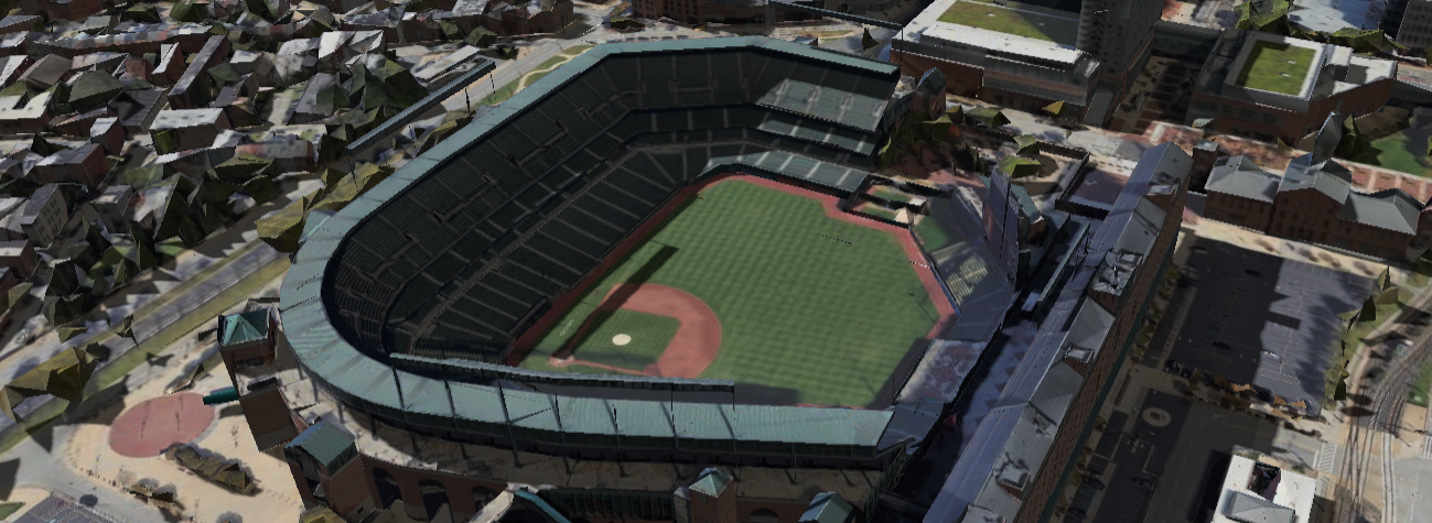 Oriole Park at Camden Yards 3D shade map showing shaded seats and sun position