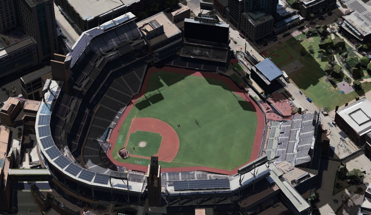 Petco Park 3D shade map showing shaded seats for day games