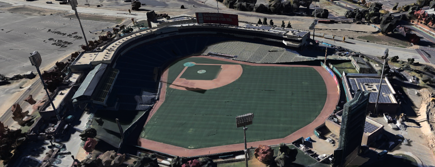 Sutter Health Park 3D shade map showing shaded seats and sun position